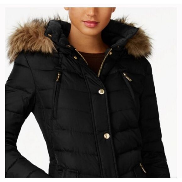 Michael Michael Kors black Down puffer foux fur trim Hooded winter coat Ps - Picture 3 of 16